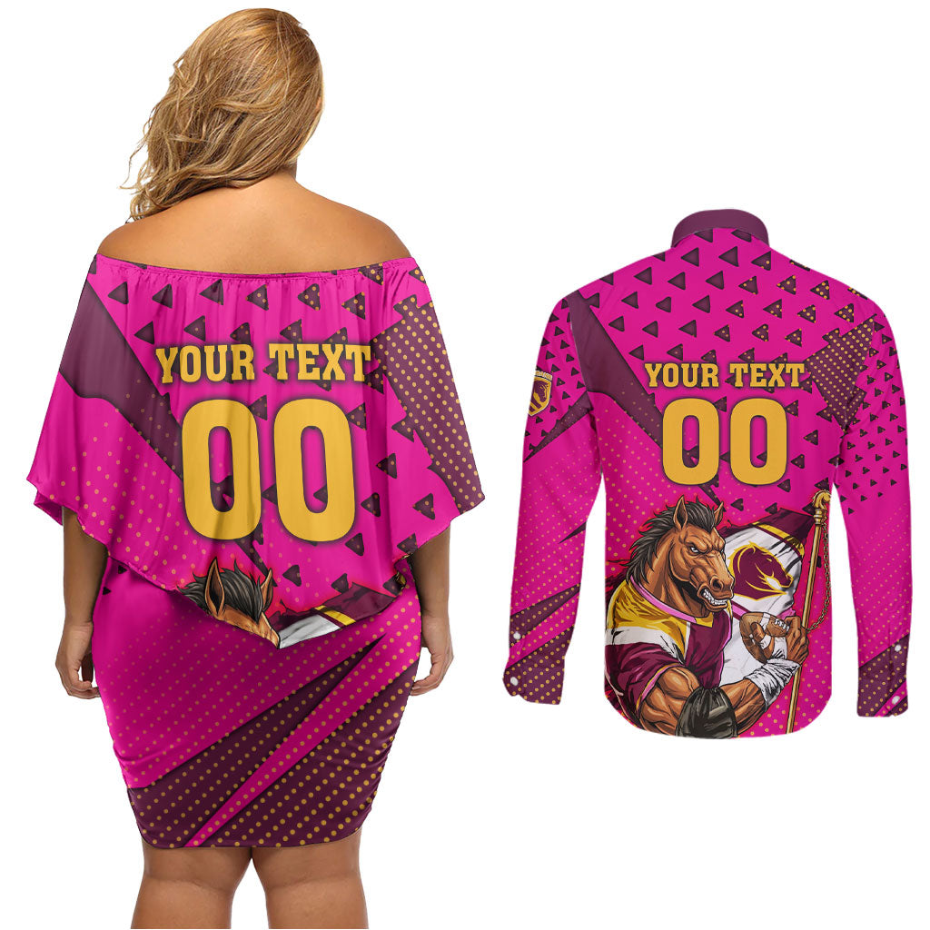 Custom Rugby Broncos Couples Matching Off Shoulder Short Dress and Long Sleeve Button Shirt Muscular Horse Mascot With Flag In Pink