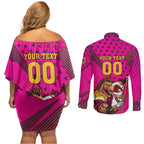 Custom Rugby Broncos Couples Matching Off Shoulder Short Dress and Long Sleeve Button Shirt Muscular Horse Mascot With Flag In Pink