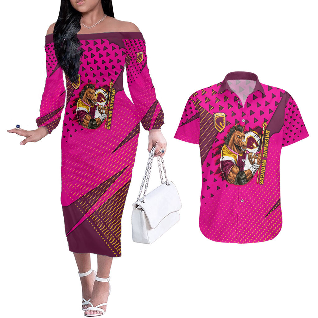 Custom Rugby Broncos Couples Matching Off The Shoulder Long Sleeve Dress and Hawaiian Shirt Muscular Horse Mascot With Flag In Pink