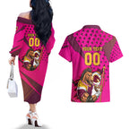 Custom Rugby Broncos Couples Matching Off The Shoulder Long Sleeve Dress and Hawaiian Shirt Muscular Horse Mascot With Flag In Pink