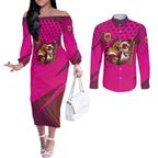 Custom Rugby Broncos Couples Matching Off The Shoulder Long Sleeve Dress and Long Sleeve Button Shirt Muscular Horse Mascot With Flag In Pink