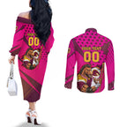 Custom Rugby Broncos Couples Matching Off The Shoulder Long Sleeve Dress and Long Sleeve Button Shirt Muscular Horse Mascot With Flag In Pink