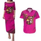 Custom Rugby Broncos Couples Matching Puletasi and Hawaiian Shirt Muscular Horse Mascot With Flag In Pink
