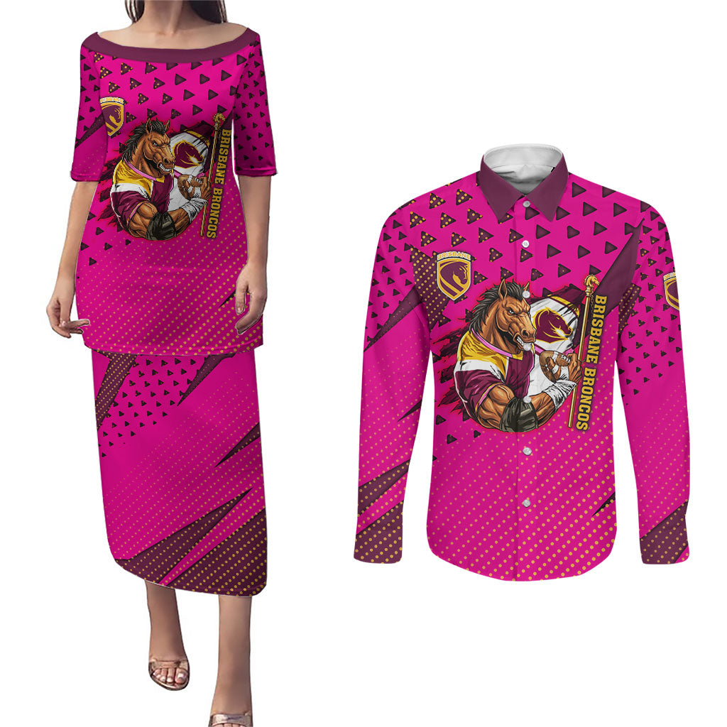 Custom Rugby Broncos Couples Matching Puletasi and Long Sleeve Button Shirt Muscular Horse Mascot With Flag In Pink