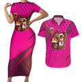 Custom Rugby Broncos Couples Matching Short Sleeve Bodycon Dress and Hawaiian Shirt Muscular Horse Mascot With Flag In Pink