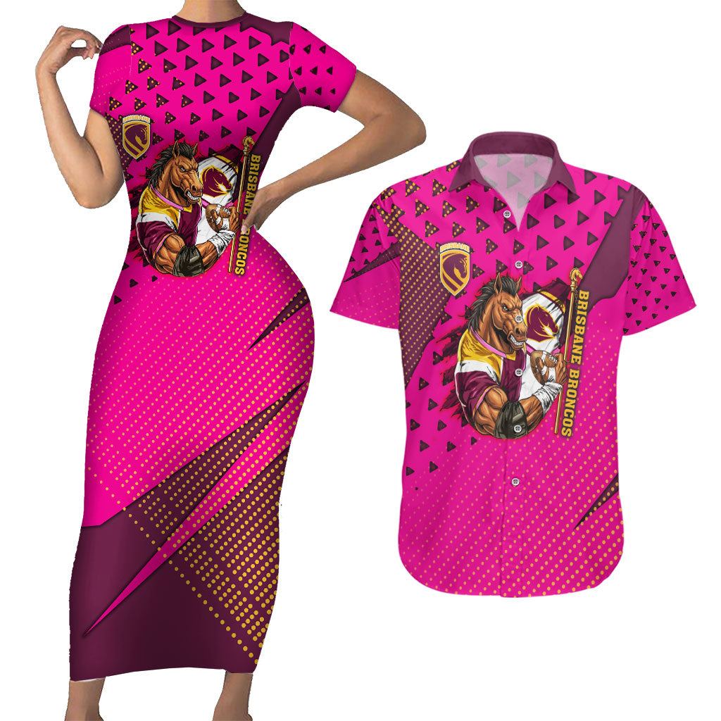 Custom Rugby Broncos Couples Matching Short Sleeve Bodycon Dress and Hawaiian Shirt Muscular Horse Mascot With Flag In Pink