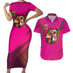 Custom Rugby Broncos Couples Matching Short Sleeve Bodycon Dress and Hawaiian Shirt Muscular Horse Mascot With Flag In Pink