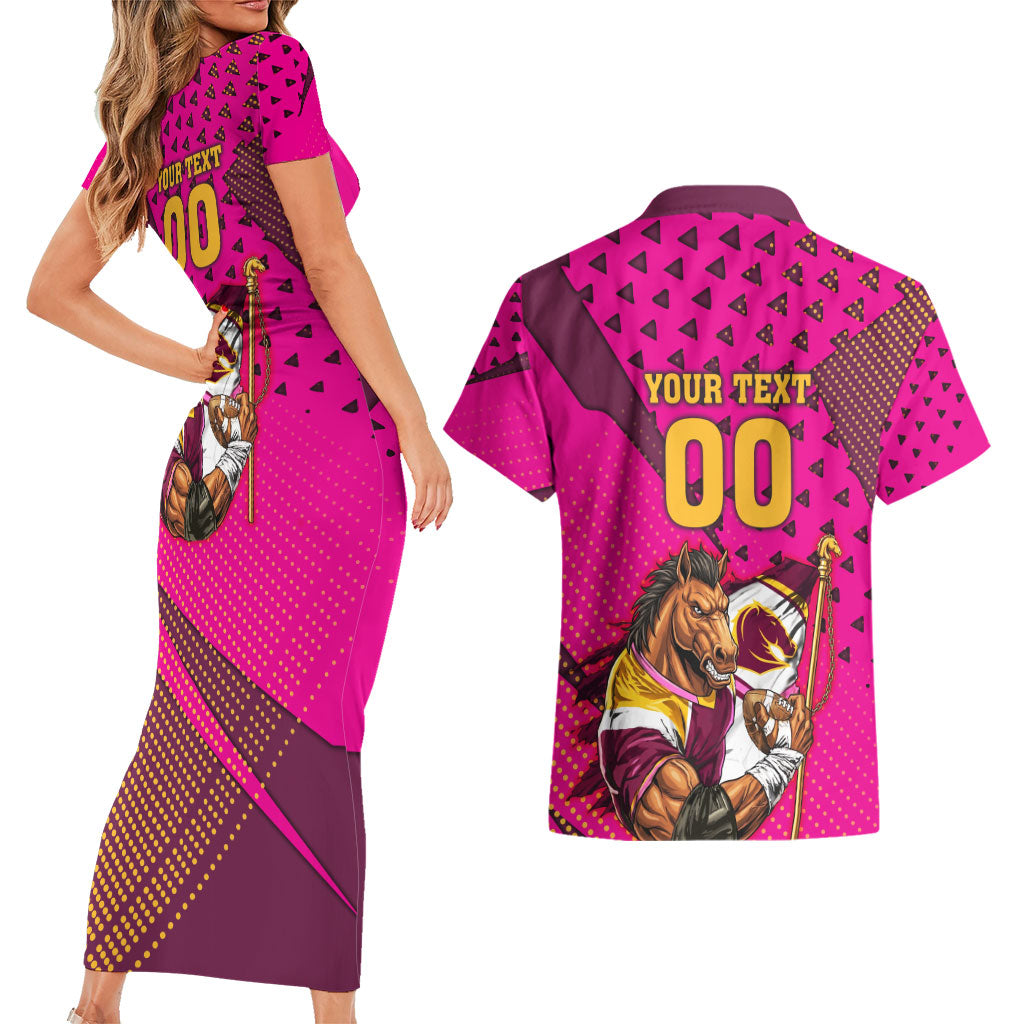 Custom Rugby Broncos Couples Matching Short Sleeve Bodycon Dress and Hawaiian Shirt Muscular Horse Mascot With Flag In Pink