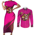 Custom Rugby Broncos Couples Matching Short Sleeve Bodycon Dress and Long Sleeve Button Shirt Muscular Horse Mascot With Flag In Pink
