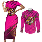 Custom Rugby Broncos Couples Matching Short Sleeve Bodycon Dress and Long Sleeve Button Shirt Muscular Horse Mascot With Flag In Pink