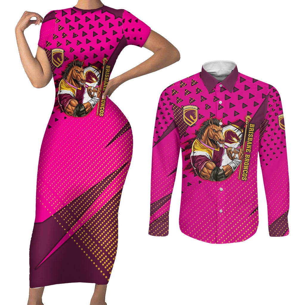 Custom Rugby Broncos Couples Matching Short Sleeve Bodycon Dress and Long Sleeve Button Shirt Muscular Horse Mascot With Flag In Pink