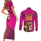 Custom Rugby Broncos Couples Matching Short Sleeve Bodycon Dress and Long Sleeve Button Shirt Muscular Horse Mascot With Flag In Pink
