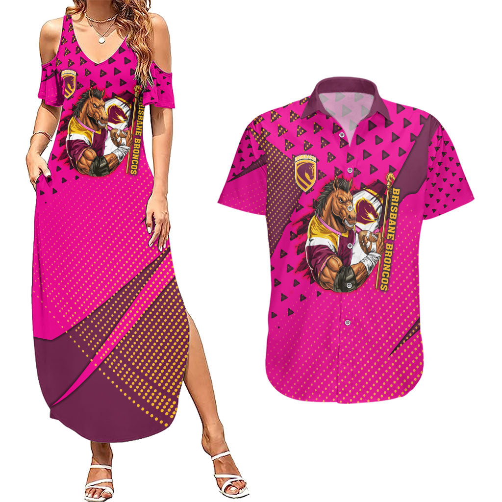 Custom Rugby Broncos Couples Matching Summer Maxi Dress and Hawaiian Shirt Muscular Horse Mascot With Flag In Pink
