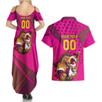 Custom Rugby Broncos Couples Matching Summer Maxi Dress and Hawaiian Shirt Muscular Horse Mascot With Flag In Pink