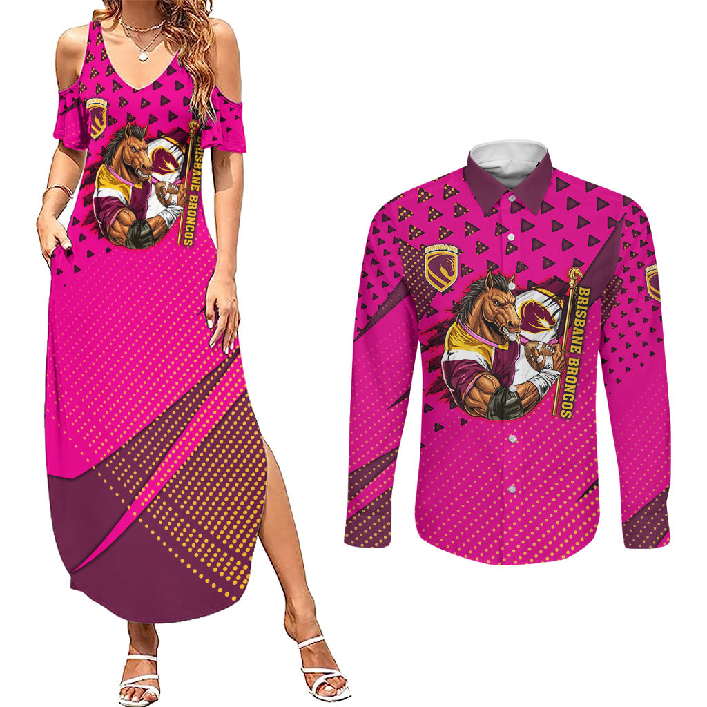 Custom Rugby Broncos Couples Matching Summer Maxi Dress and Long Sleeve Button Shirt Muscular Horse Mascot With Flag In Pink