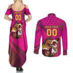 Custom Rugby Broncos Couples Matching Summer Maxi Dress and Long Sleeve Button Shirt Muscular Horse Mascot With Flag In Pink