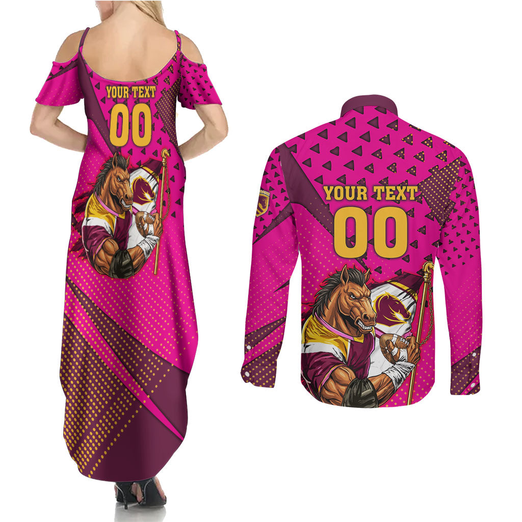 Custom Rugby Broncos Couples Matching Summer Maxi Dress and Long Sleeve Button Shirt Muscular Horse Mascot With Flag In Pink