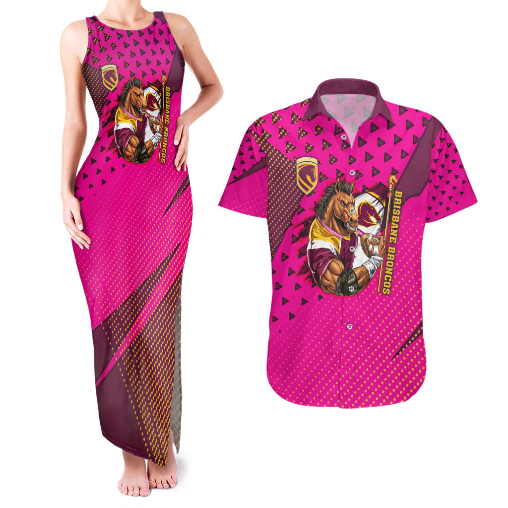 Custom Rugby Broncos Couples Matching Tank Maxi Dress and Hawaiian Shirt Muscular Horse Mascot With Flag In Pink