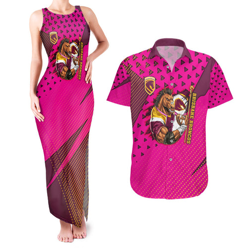 Custom Rugby Broncos Couples Matching Tank Maxi Dress and Hawaiian Shirt Muscular Horse Mascot With Flag In Pink
