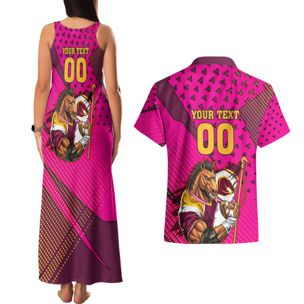 Custom Rugby Broncos Couples Matching Tank Maxi Dress and Hawaiian Shirt Muscular Horse Mascot With Flag In Pink