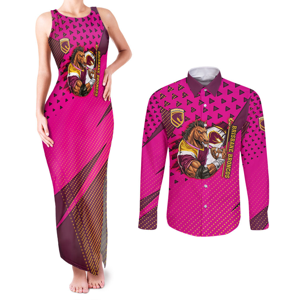 Custom Rugby Broncos Couples Matching Tank Maxi Dress and Long Sleeve Button Shirt Muscular Horse Mascot With Flag In Pink
