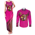 Custom Rugby Broncos Couples Matching Tank Maxi Dress and Long Sleeve Button Shirt Muscular Horse Mascot With Flag In Pink