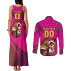 Custom Rugby Broncos Couples Matching Tank Maxi Dress and Long Sleeve Button Shirt Muscular Horse Mascot With Flag In Pink