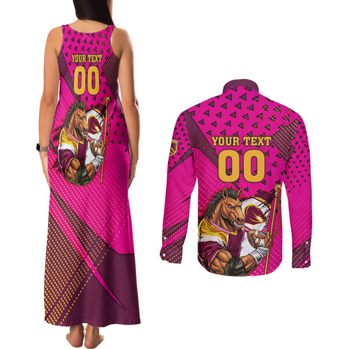 Custom Rugby Broncos Couples Matching Tank Maxi Dress and Long Sleeve Button Shirt Muscular Horse Mascot With Flag In Pink