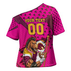 Custom Rugby Broncos Cross Shoulder Shirt Muscular Horse Mascot With Flag In Pink