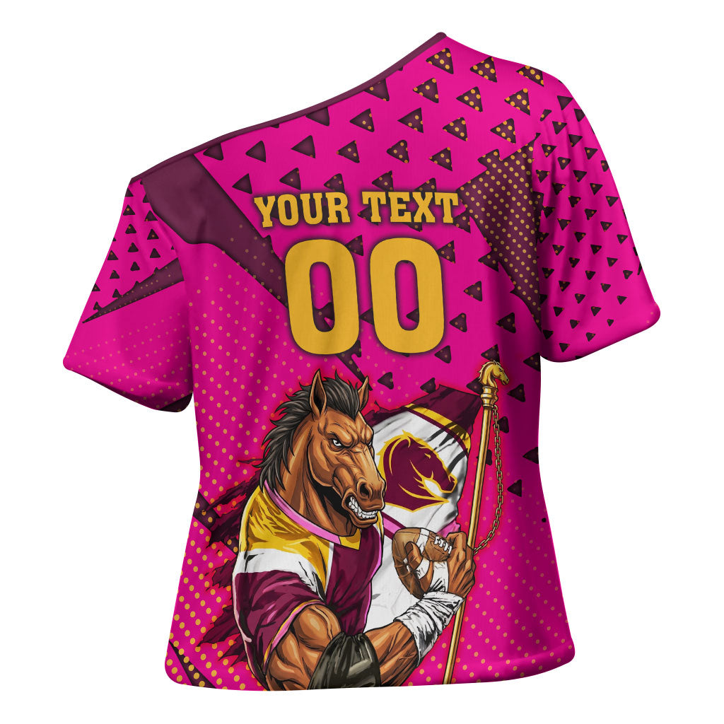 Custom Rugby Broncos Cross Shoulder Shirt Muscular Horse Mascot With Flag In Pink