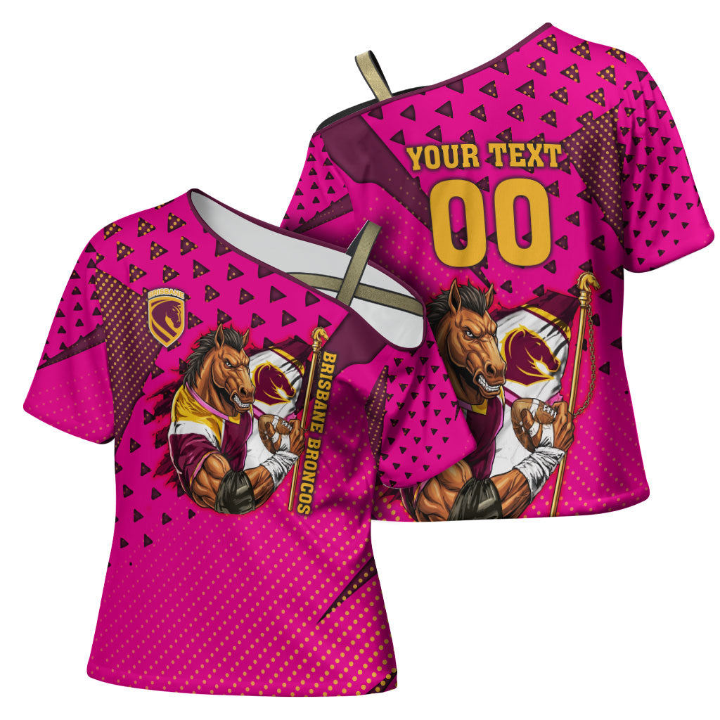 Custom Rugby Broncos Cross Shoulder Shirt Muscular Horse Mascot With Flag In Pink