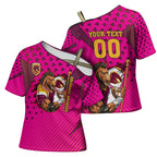 Custom Rugby Broncos Cross Shoulder Shirt Muscular Horse Mascot With Flag In Pink
