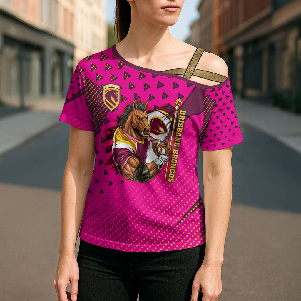 Custom Rugby Broncos Cross Shoulder Shirt Muscular Horse Mascot With Flag In Pink