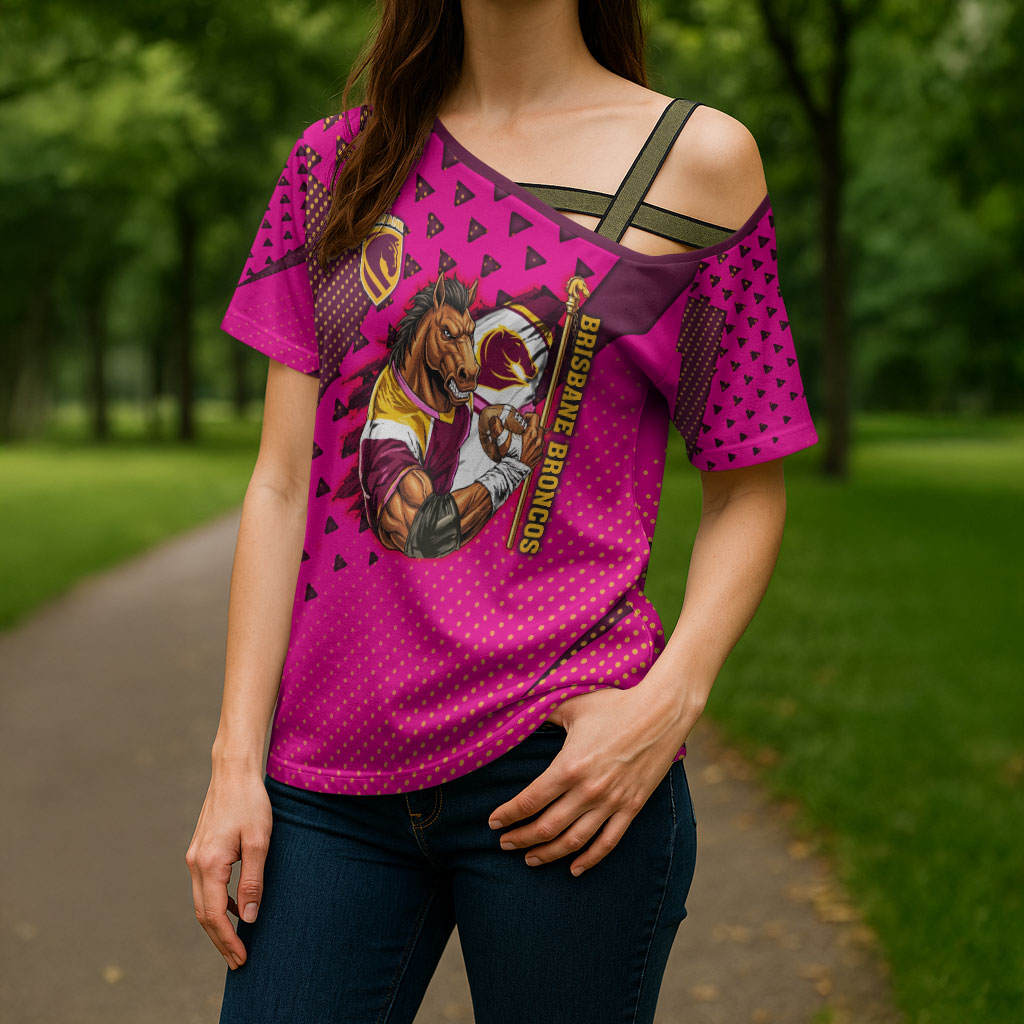 Custom Rugby Broncos Cross Shoulder Shirt Muscular Horse Mascot With Flag In Pink