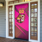 Custom Rugby Broncos Door Cover Muscular Horse Mascot With Flag In Pink