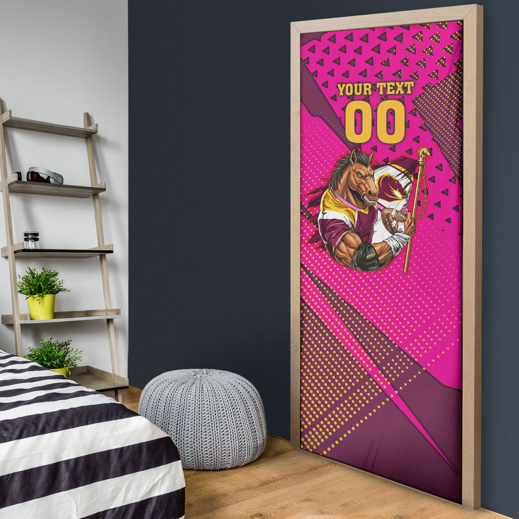 Custom Rugby Broncos Door Cover Muscular Horse Mascot With Flag In Pink