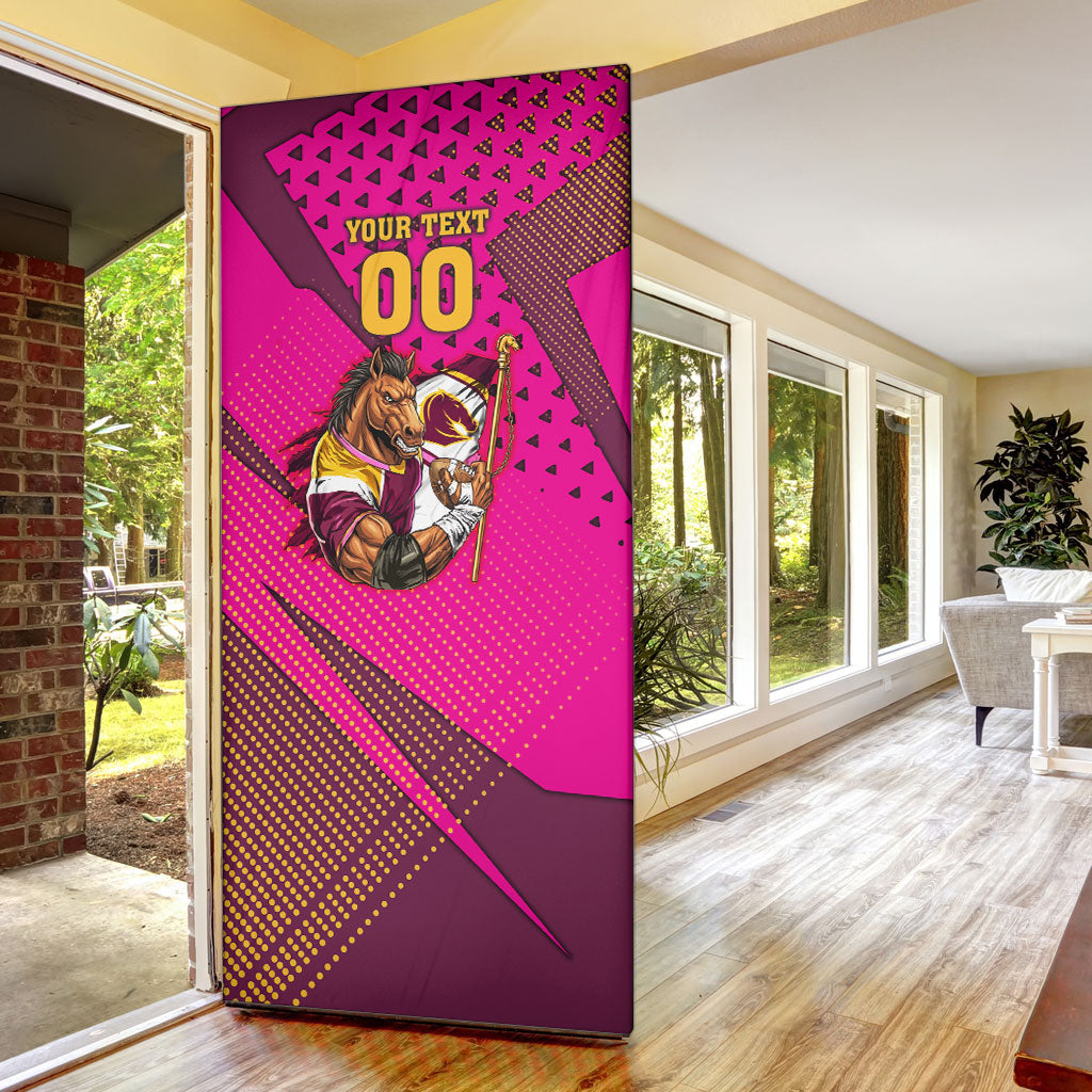Custom Rugby Broncos Door Cover Muscular Horse Mascot With Flag In Pink