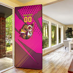 Custom Rugby Broncos Door Cover Muscular Horse Mascot With Flag In Pink