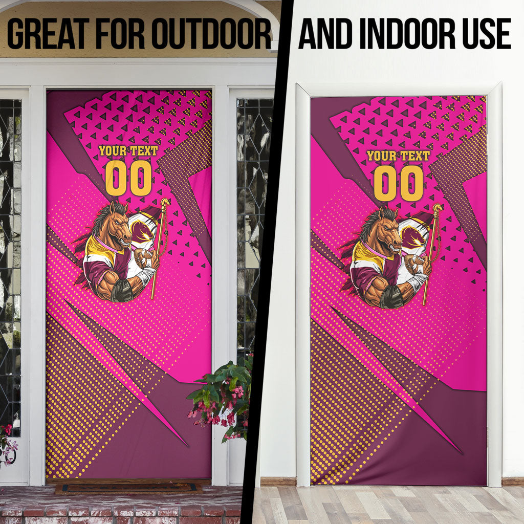 Custom Rugby Broncos Door Cover Muscular Horse Mascot With Flag In Pink