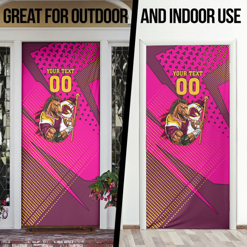 Custom Rugby Broncos Door Cover Muscular Horse Mascot With Flag In Pink