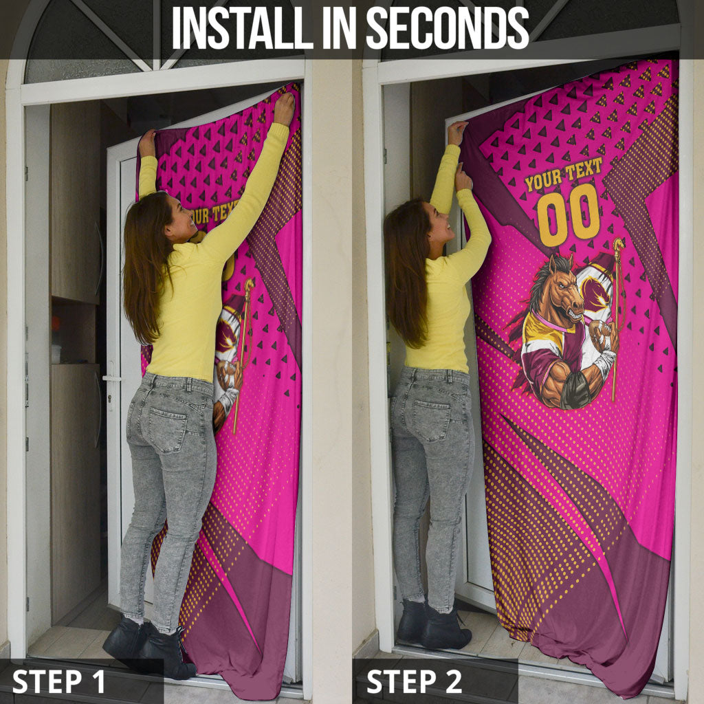 Custom Rugby Broncos Door Cover Muscular Horse Mascot With Flag In Pink
