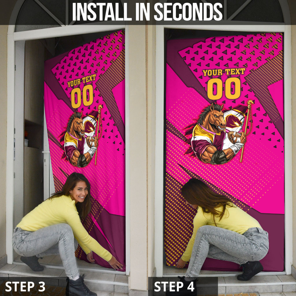 Custom Rugby Broncos Door Cover Muscular Horse Mascot With Flag In Pink