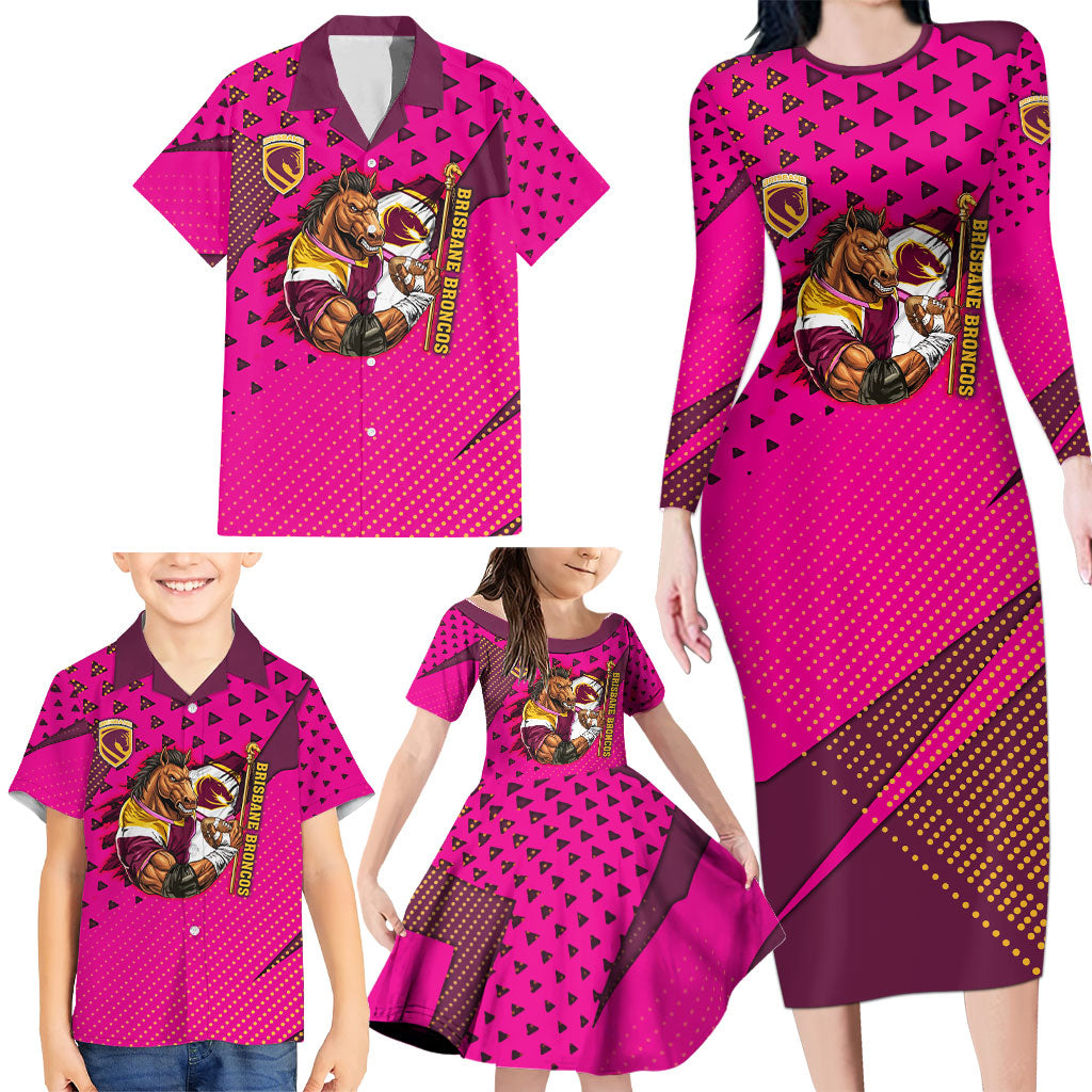 Custom Rugby Broncos Family Matching Long Sleeve Bodycon Dress and Hawaiian Shirt Muscular Horse Mascot With Flag In Pink