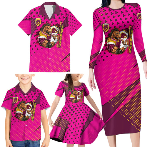 Custom Rugby Broncos Family Matching Long Sleeve Bodycon Dress and Hawaiian Shirt Muscular Horse Mascot With Flag In Pink