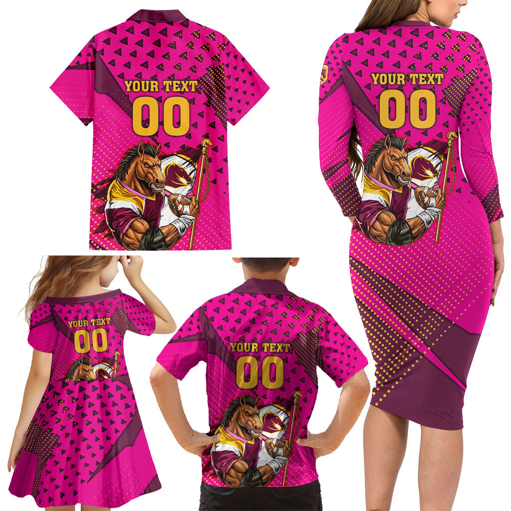 Custom Rugby Broncos Family Matching Long Sleeve Bodycon Dress and Hawaiian Shirt Muscular Horse Mascot With Flag In Pink