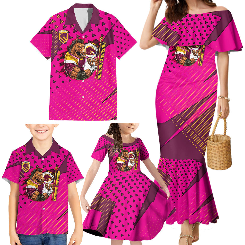 Custom Rugby Broncos Family Matching Mermaid Dress and Hawaiian Shirt Muscular Horse Mascot With Flag In Pink