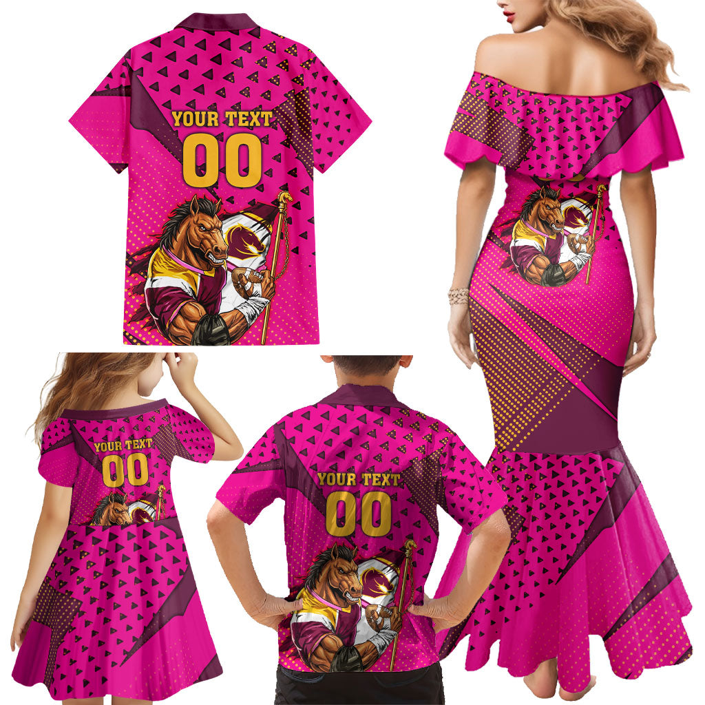 Custom Rugby Broncos Family Matching Mermaid Dress and Hawaiian Shirt Muscular Horse Mascot With Flag In Pink