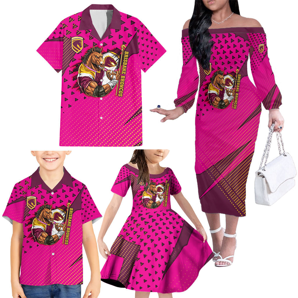 Custom Rugby Broncos Family Matching Off The Shoulder Long Sleeve Dress and Hawaiian Shirt Muscular Horse Mascot With Flag In Pink