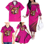 Custom Rugby Broncos Family Matching Off The Shoulder Long Sleeve Dress and Hawaiian Shirt Muscular Horse Mascot With Flag In Pink