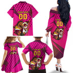 Custom Rugby Broncos Family Matching Off The Shoulder Long Sleeve Dress and Hawaiian Shirt Muscular Horse Mascot With Flag In Pink